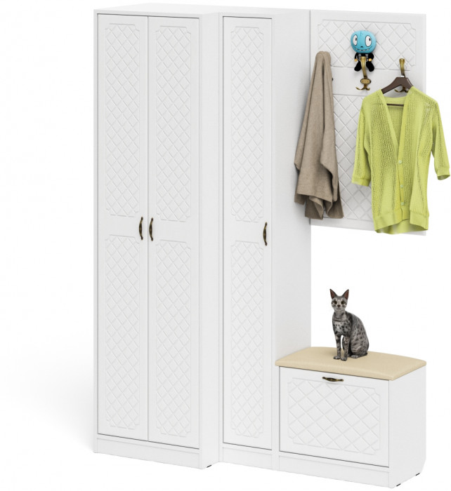 Прихожая П-6 Компоновка № 27, цвет белая шагрень/фасады МДФ белое дерево фрезеровка ромб, ШхГхВ 150х50х210 см., универсальная сборка