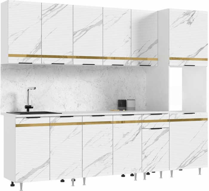 Кухня МДФ Милена 2600 (Белый, Мрамор блэк софт, Антарес)