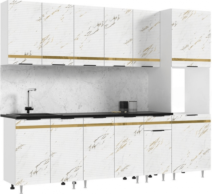 Кухня МДФ Милена 2600 (Белый, Мрамор блэк софт, Антарес)