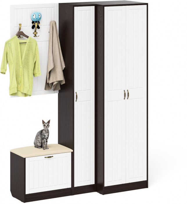 Прихожая П-6 Компоновка № 27, цвет венге/фасады МДФ белое дерево фрезеровка прованс, ШхГхВ 150х50х210 см., универсальная сборка