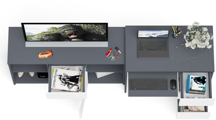 Мори компьютерный стол МС-6 правый + Тумба МТВ1204.1, графит/белый