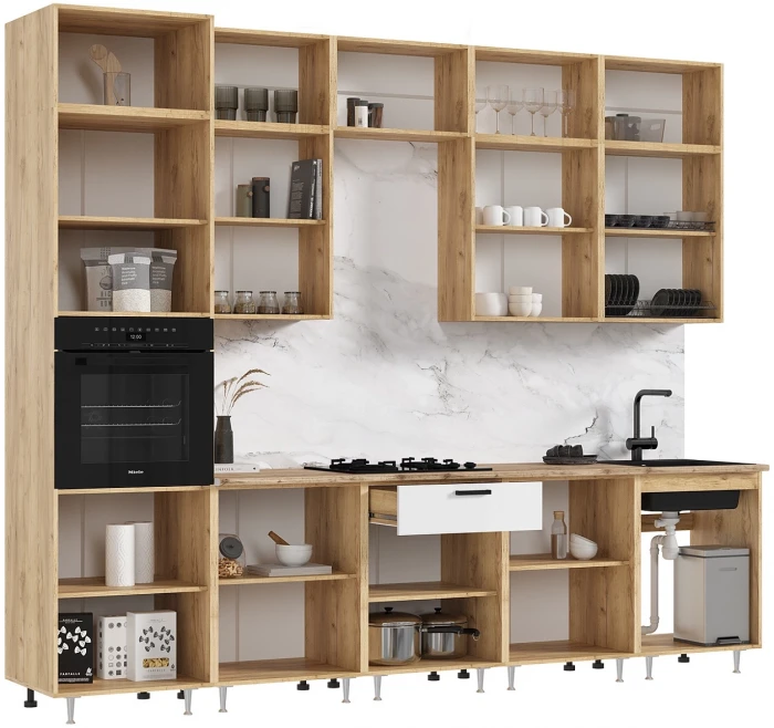 Кухня Рио NEW ЛДСП 3,0м/1080м (490), Компановка №3/1, Белый глянец/Дуб Крафт