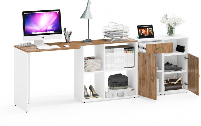 Лидер-8 Стол + Тумба МД 3.15 + Тумба МД 3.19, цвет белый шагрень/крафт золото, ШхГхВ 245х50/30х75 см. или 115х50/160х75 см., НЕ универсальная сборка