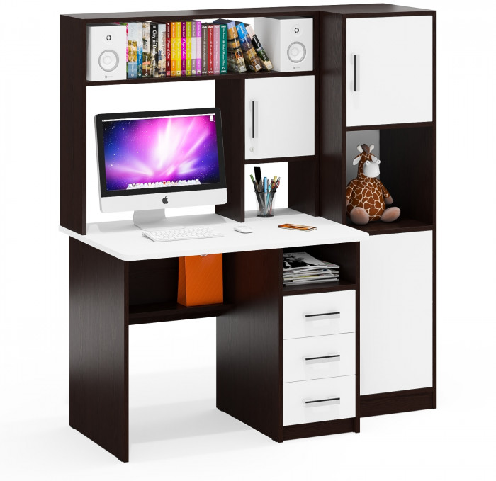 Стол компьютерный С-МД-СК9+Пенал С-МД-СК9П, цвет венге/белый шагрень, ШхГхВ 145х70х160 см., НЕ универсальная сборка