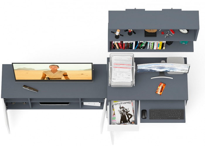 Мори компьютерный стол МС-1 левый + Тумба МТВ1200.1 + Полка 900, графит/белый