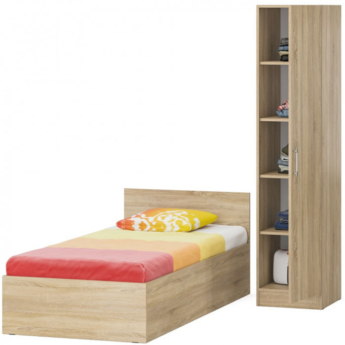 Кровать 0900 + Пенал Стандарт, цвет дуб сонома, ШхГхВ 93,5х203,5х70 + 45х52х200 см., сп.м. 900х2000 мм., без матраса, основание есть