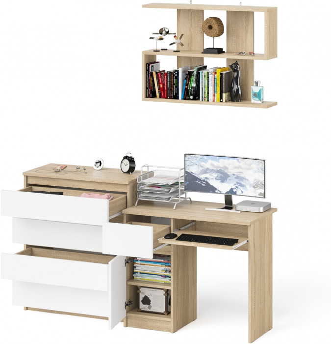 Мори Стол компьютерный МС-1 левый + Комод МК800.4 + Полка 900, цвет дуб сонома/белый, ШхГхВ 170,4х50х209,6 см., НЕ универсальная сборка