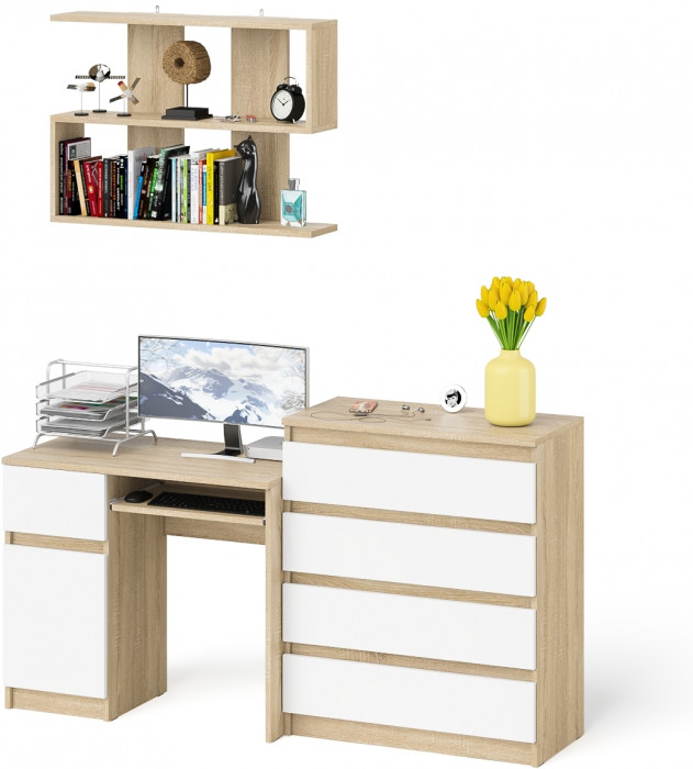 Мори Стол компьютерный МС-1 левый + Комод МК800.4 + Полка 900, цвет дуб сонома/белый, ШхГхВ 170,4х50х209,6 см., НЕ универсальная сборка