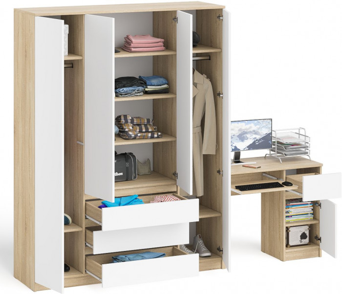 Мори Стол компьютерный МС-1 правый + Шкаф МШ1600.1, цвет дуб сонома/белый, ШхГхВ 250,4х50,4х209,6 см., выдвижной ящик справа, НЕ универсальная сборка