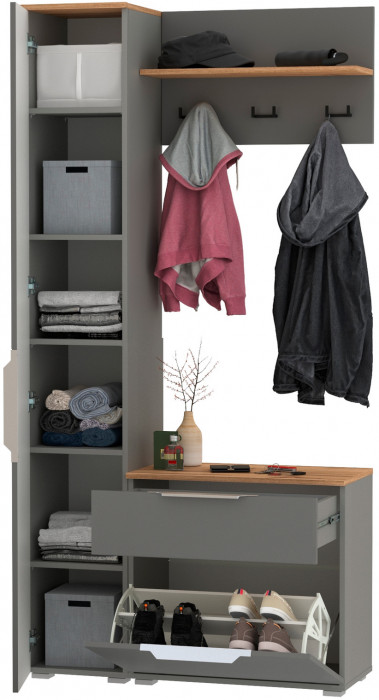 Октава Прихожая 14, цвет серый графит/дуб крафт золотой/фасады МДФ серый графит, ШхГхВ 97,1х35,4х197,6 см., универсальная сборка