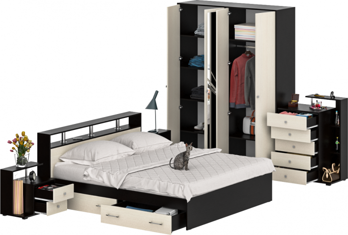 Камелия спальня № 11 Кровать с ящиками 1800 + Две тумбы + Комод + Шкаф 4-х створчатый, цвет венге/дуб лоредо, сп.м. 1800х2000 мм., б/м, основание есть