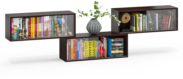 Три полки книжных С-МД-КН01, цвет венге, ШхГхВ размер каждой полки в отдельности: 83х25х30 см., стеклянные дверцы