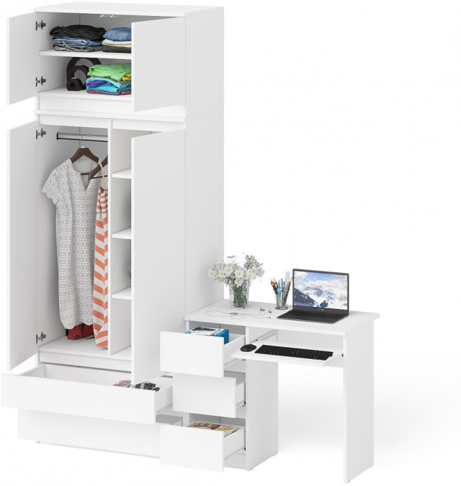 Мори Стол компьютерный МС-6 левый + Шкаф МШ900.1 + Антресоль МА900.1, цвет белый, ШхГхВ 180,4х50,4х234,2 см., выдвижные ящики слева, НЕ универс. сб.
