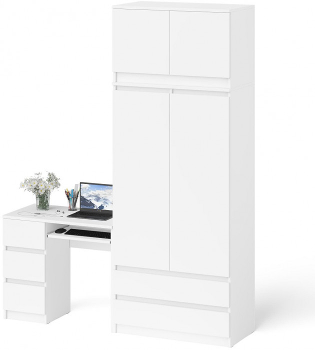 Мори Стол компьютерный МС-6 левый + Шкаф МШ900.1 + Антресоль МА900.1, цвет белый, ШхГхВ 180,4х50,4х234,2 см., выдвижные ящики слева, НЕ универс. сб.