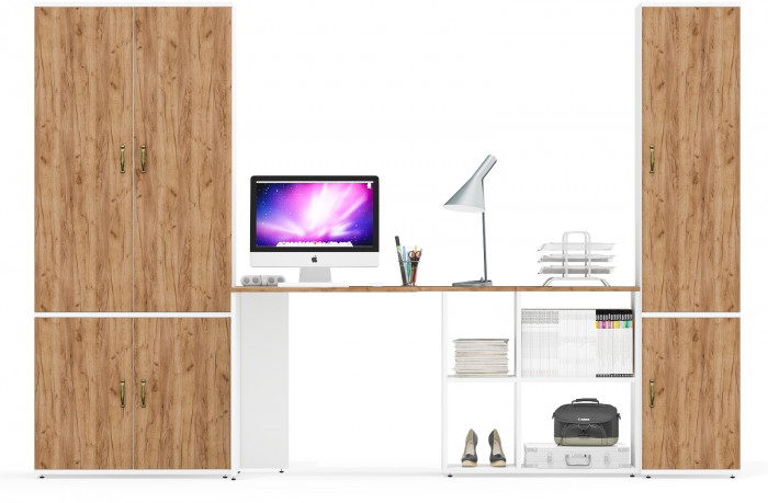 Лидер-8 Шкаф МД 20Б + Стол + Пенал 21Б, белый шагрень/крафт золото