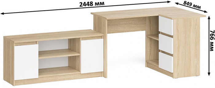 Мори компьютерный стол МС-16 правый + Тумба МТВ1200.1, дуб сонома/белый