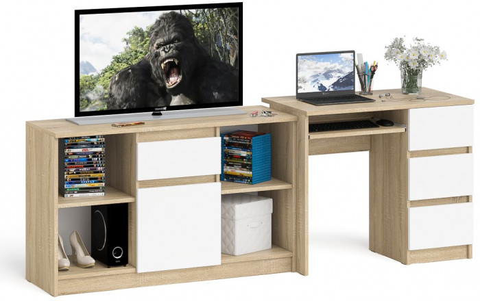 Мори компьютерный стол МС-6 правый + Тумба МТВ1204.1, дуб сонома/белый