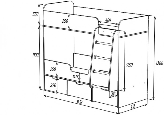 Кровать двухъярусная Малыш Двойняшка (Ясень Анкор темный/Белое дерево)