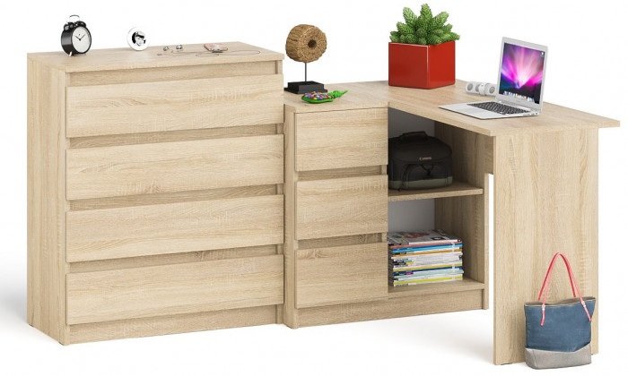 Мори Стол компьютерный МС-16 левый + Комод МК800.4, цвет дуб сонома, ШхГхВ 204,8х84,9х94 см., выдвижные ящики слева, НЕ универсальная сборка