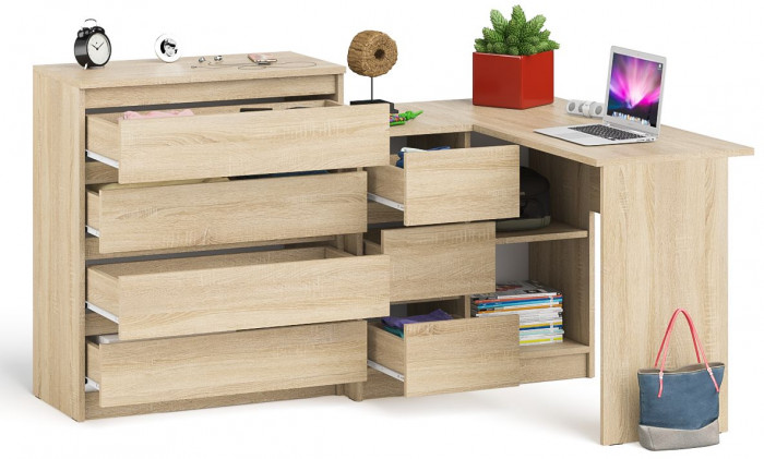 Мори Стол компьютерный МС-16 левый + Комод МК800.4, цвет дуб сонома, ШхГхВ 204,8х84,9х94 см., выдвижные ящики слева, НЕ универсальная сборка
