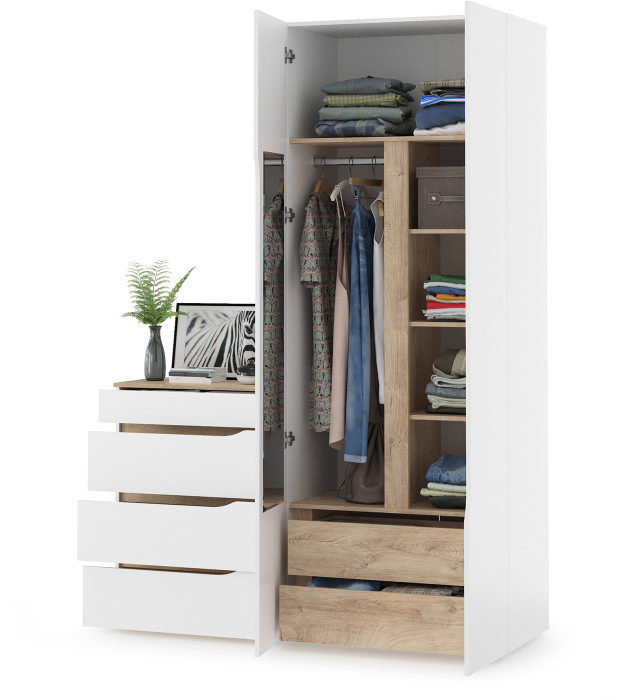 Муссон 13.198 Шкаф двухстворчатый + 13.97 Комод, цвет белый/дуб эндгрейн элегантный, ШхГхВ 164,6х52,3х229,8 см., НЕ универсальная сборка