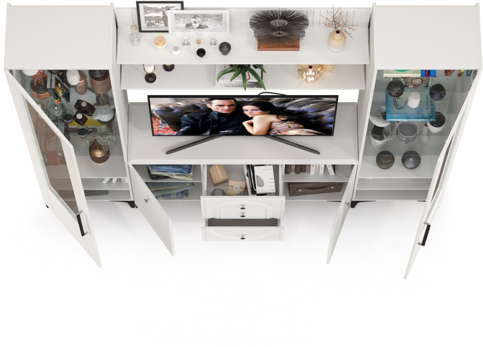 Валенсия Гостиная № 101, цвет ЛДСП белый шагрень/МДФ белый шагрень, ШхГхВ 243,2х38,4х225,2 см., ниша для ТВ 133х38х90 см.