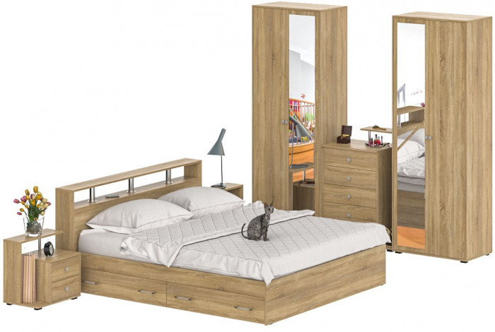 Камелия спальня № 11 Кровать с ящиками 1800 + Две тумбы + Комод + Шкаф 4-х створчатый, цвет дуб сонома, сп.м. 1800х2000 мм., б/м, основание есть