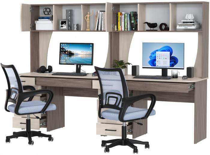 Два стола рабочих 6-0606 Сигма + два кресла 103 серых, цвет бодега тёмный/бодега светлый, ШхГхВ 241х60,5х166 см., НЕ универсальная сборка