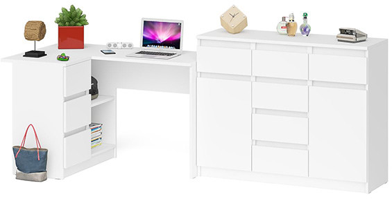 Мори компьютерный стол МС-16 левый + Комод МК1200.4, белый