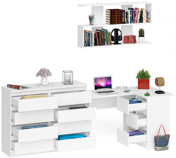 Мори компьютерный стол МС-16 правый + Комод МК1200.8 + Полка 1200, белый
