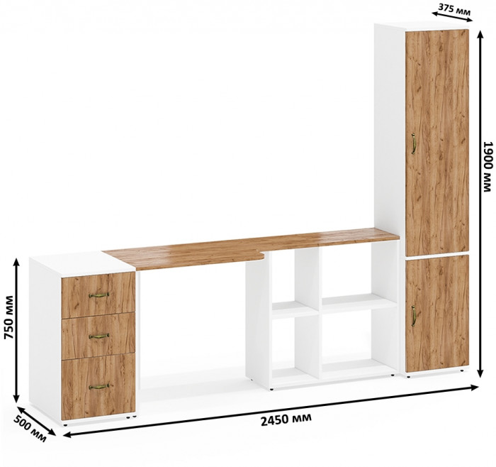 Лидер-8 Стол + Тумба МД 3.16 + Пенал МД 21Б, цвет белый шагрень/крафт золото, ШхГхВ 245х50/37,5х75/190 или 155х120/50х75/190 см., НЕ ун. сборка