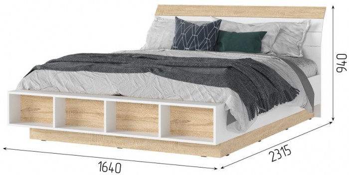 САНСА КР-02 Кровать 1.6х2.0 Фасад ДУБ СОНОМА/Корпус БЕЛЫЙ,ДУБ СОНОМА