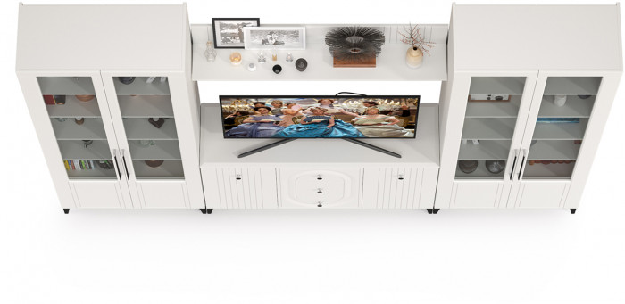 Валенсия Гостиная № 102, цвет ЛДСП белый шагрень/МДФ белый шагрень, ШхГхВ 301,4х38,4х225,2 см., ниша для ТВ 133х38х100 см.