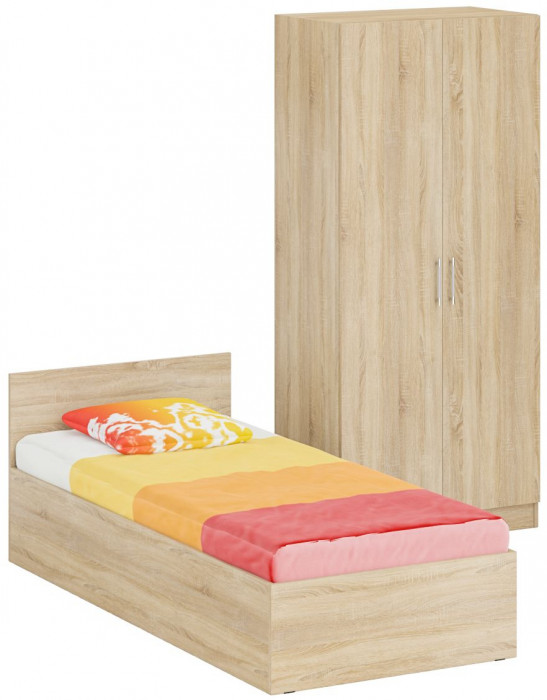 Кровать 0900 + Шкаф 2-х створчатый Стандарт, цвет дуб сонома, ШхГхВ 93,5х203,5х70 + 90х52х200 см., сп.м. 900х2000 мм., без матраса, основание есть