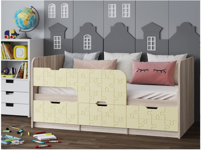 Детская кровать Юниор-9, 80х180 (Латте глянец, Ясень шимо светлый)