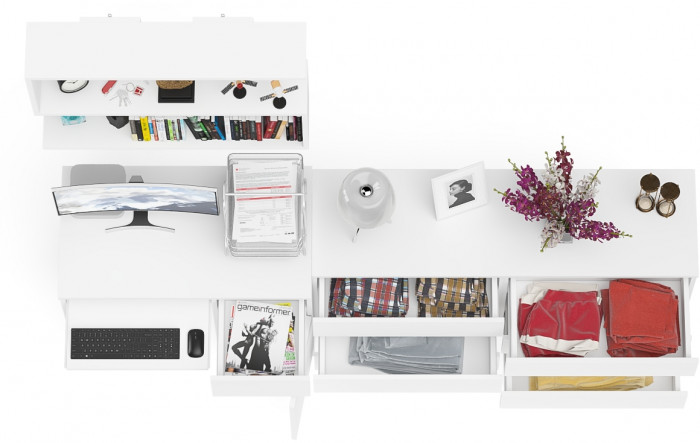 Мори компьютерный стол МС-1 правый + Комод МК1380.6 + Полка 900, белый