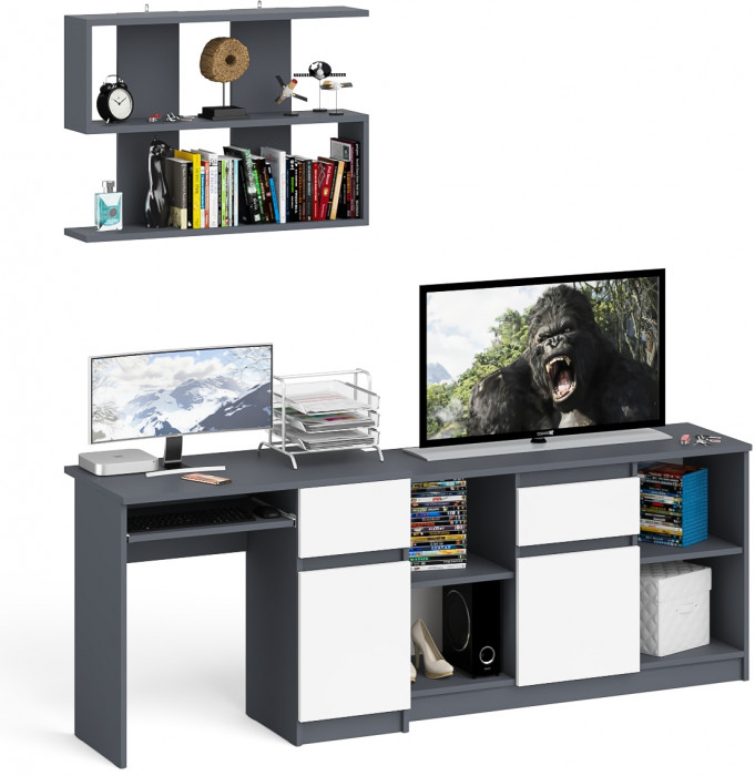 Мори компьютерный стол МС-1 правый + Тумба МТВ1204.1 + Полка 900, графит/белый