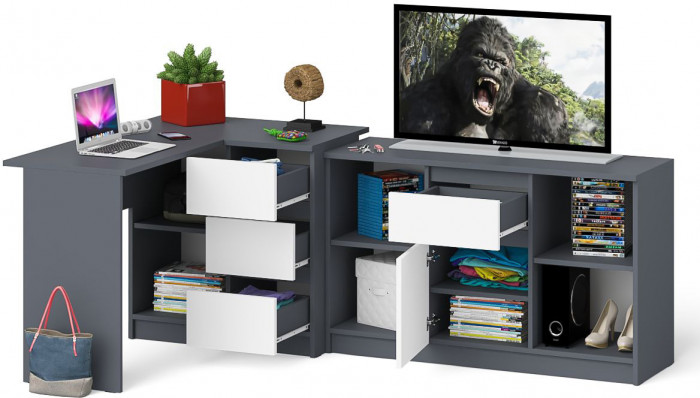 Мори компьютерный стол МС-16 правый + Тумба МТВ1204.1, графит/белый