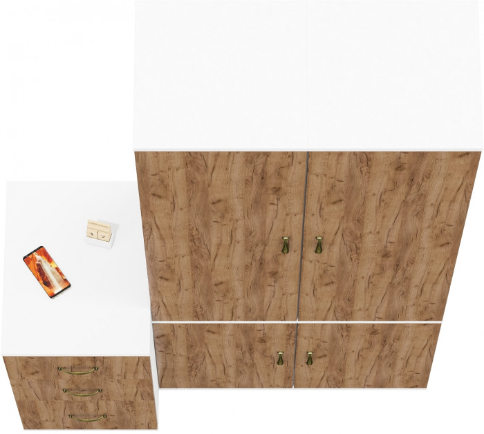 Лидер-8 Пенал МД 21Б + Пенал МД 21Б + Тумба МД 3.16, цвет белый шагрень/крафт золото, ШхГхВ 120х50х190 см., универсальная сборка