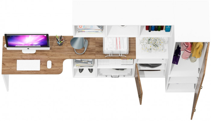 Лидер-8 Стол + Полка + Тумба МД 3.19 + Пенал МД 23Б, цвет белый шагрень/крафт золото, ШхГхВ 245х50х75/190 или 115х160/50х75/190 см., НЕ ун. сб.