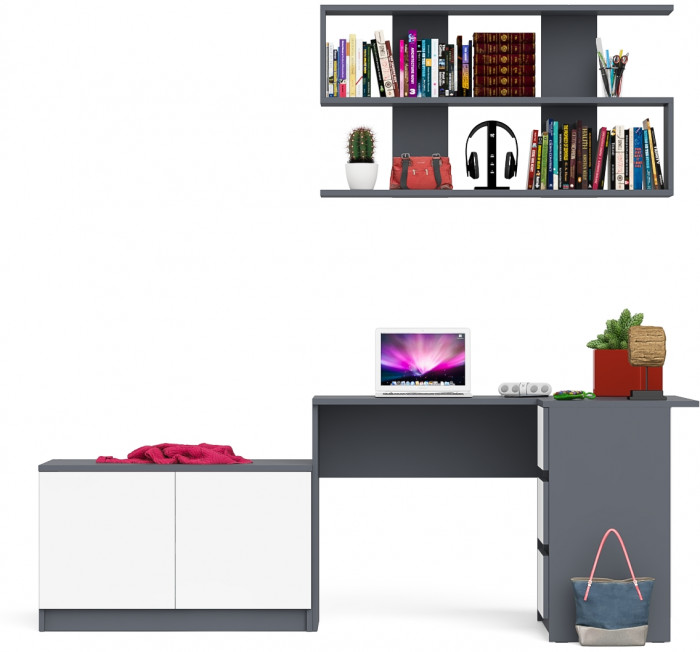 Мори Стол компьютерный МС-16 правый + Тумба МА900.1 + Полка 1200, цвет графит/белый, ШхГхВ 214,8х84,9х209,6 см., НЕ универсальная сборка