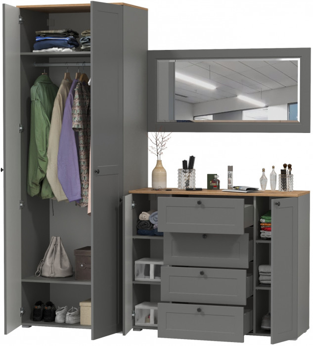 Остин Прихожая 14, цвет серый графит/дуб крафт золотой, ШхГхВ 200х54,3х229,6 см., универсальная сборка