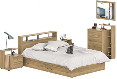 Камелия спальня № 12 Кровать с ящиками 1400 + Две тумбы + Комод + Зеркало, цвет дуб сонома, сп.м. 1400х2000 мм., б/м, основание есть