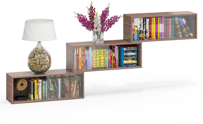 Три полки книжных С-МД-КН01, цвет ясень шимо тёмный, ШхГхВ размер каждой полки в отдельности: 83х25х30 см., стеклянные дверцы