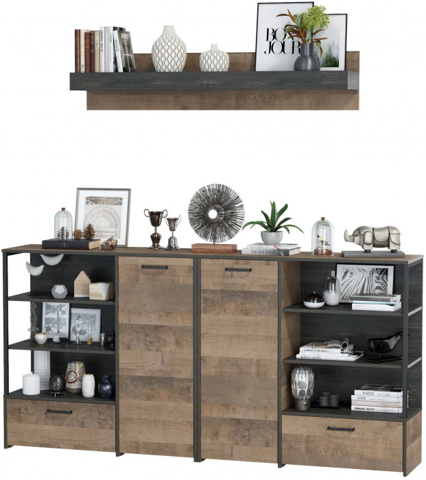 Трувор Гостиная 001, цвет дуб гранж песочный/интра, ШхГхВ 218х36,9х195 см., универсальная сборка