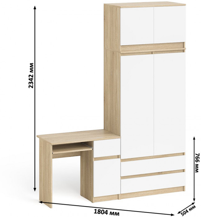Мори Стол компьютерный МС-1 левый + Шкаф МШ900.1 + Антресоль МА900.1, цвет дуб сонома/белый, ШхГхВ 180,4х50,4х234,2 см., выдвиж. ящ. слева, НЕ ун. сб.