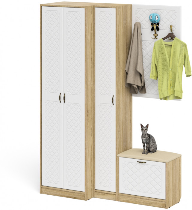 Прихожая П-6 Компоновка № 27, дуб сонома/фасады МДФ белое дерево фрезеровка ромб