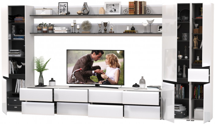 Сидней Комплектация № 117, цвет корпус: белый/чёрный/фасады: МДФ белый глянец, ШхГхВ 394,8х41,3х205,2 см., универсальная сборка