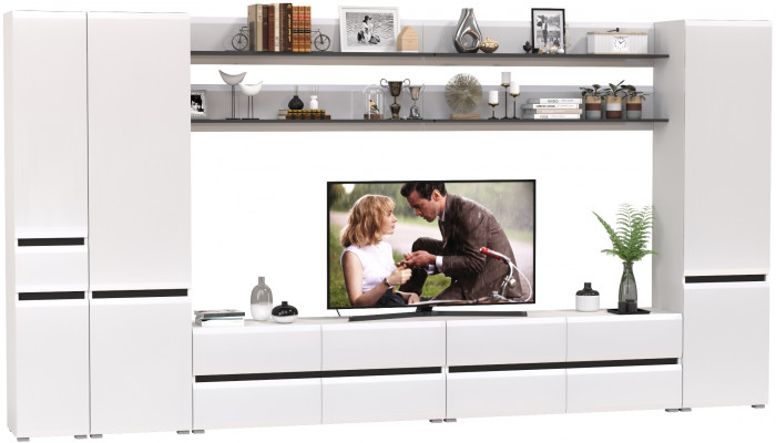 Сидней Комплектация № 117, цвет корпус: белый/чёрный/фасады: МДФ белый глянец, ШхГхВ 394,8х41,3х205,2 см., универсальная сборка