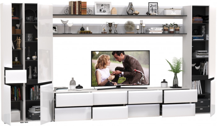 Сидней Комплектация № 117, цвет корпус: белый/чёрный/фасады: МДФ белый глянец, ШхГхВ 394,8х41,3х205,2 см., универсальная сборка